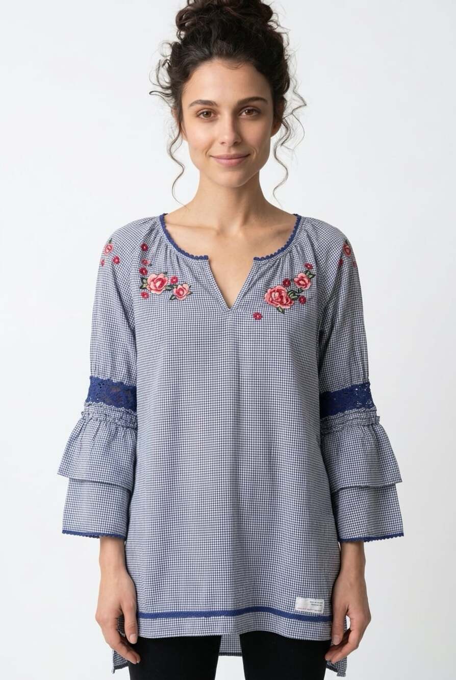 Odd Molly Gingham Floral Embroidered Tunic Blouse Size 4